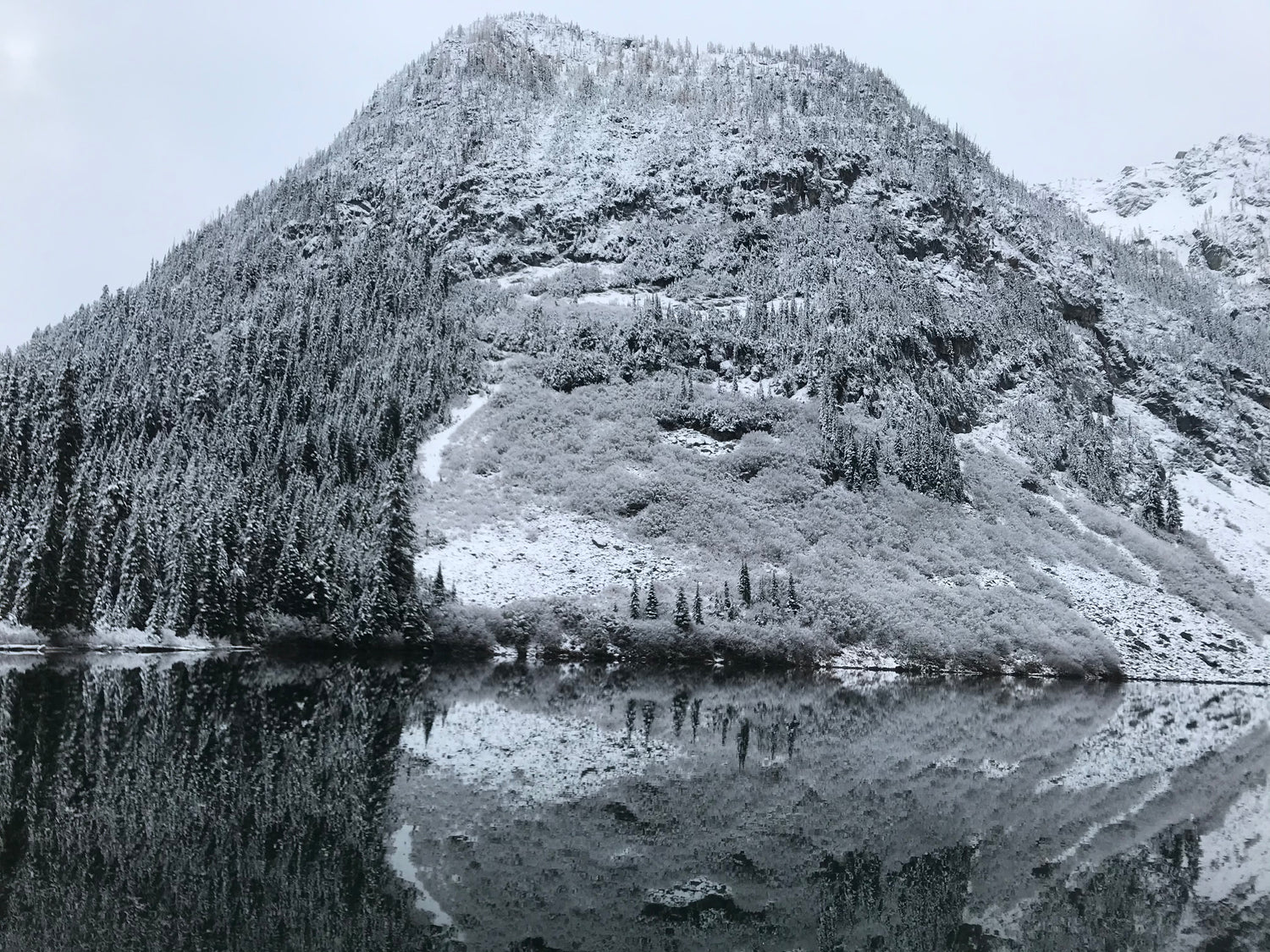 Mountain reflected in a lake with trees on the slopes